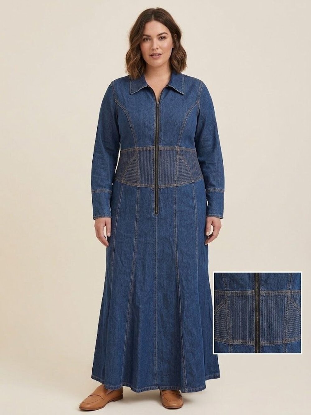 Jeanology Collection Denim Maxi Dress Womens 14 NWT Long Sleeve Zip Front Y2K